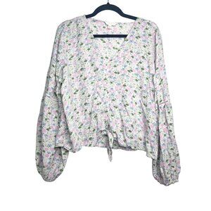 LC Lauren Conrad Floral V-Neck Blouse With Balloon Sleeves & Tie Front